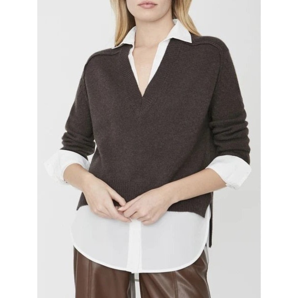 Brochu Walker Looker Layered V-Neck Sweater Wool Cashmere Char Brown Melange S - Picture 2 of 11